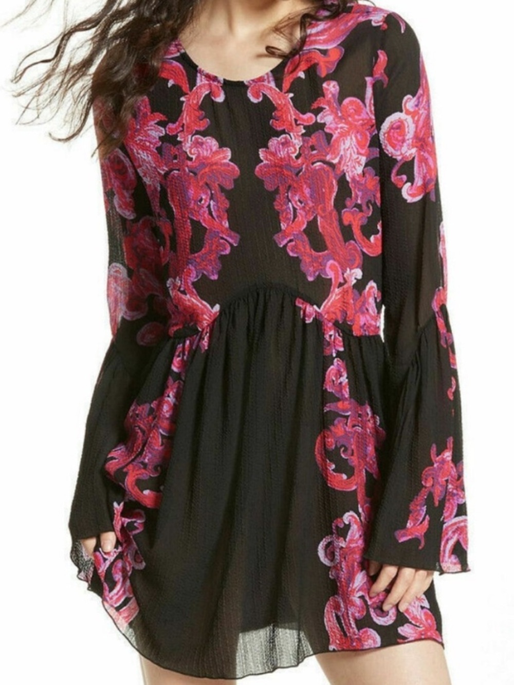 Free People Black Mini Dress with Pink & Red Baroque Print